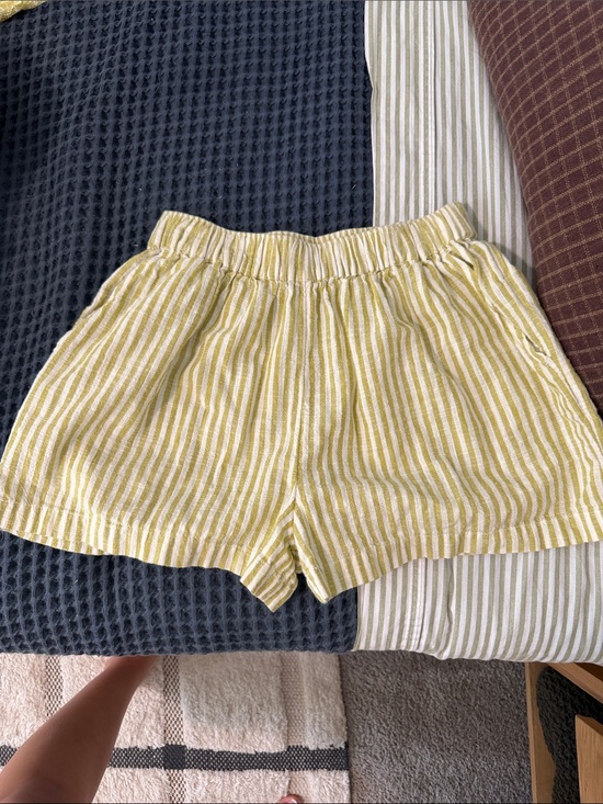 Billabong Pants - Billabong Yellow and White Striped High-Waist Shorts